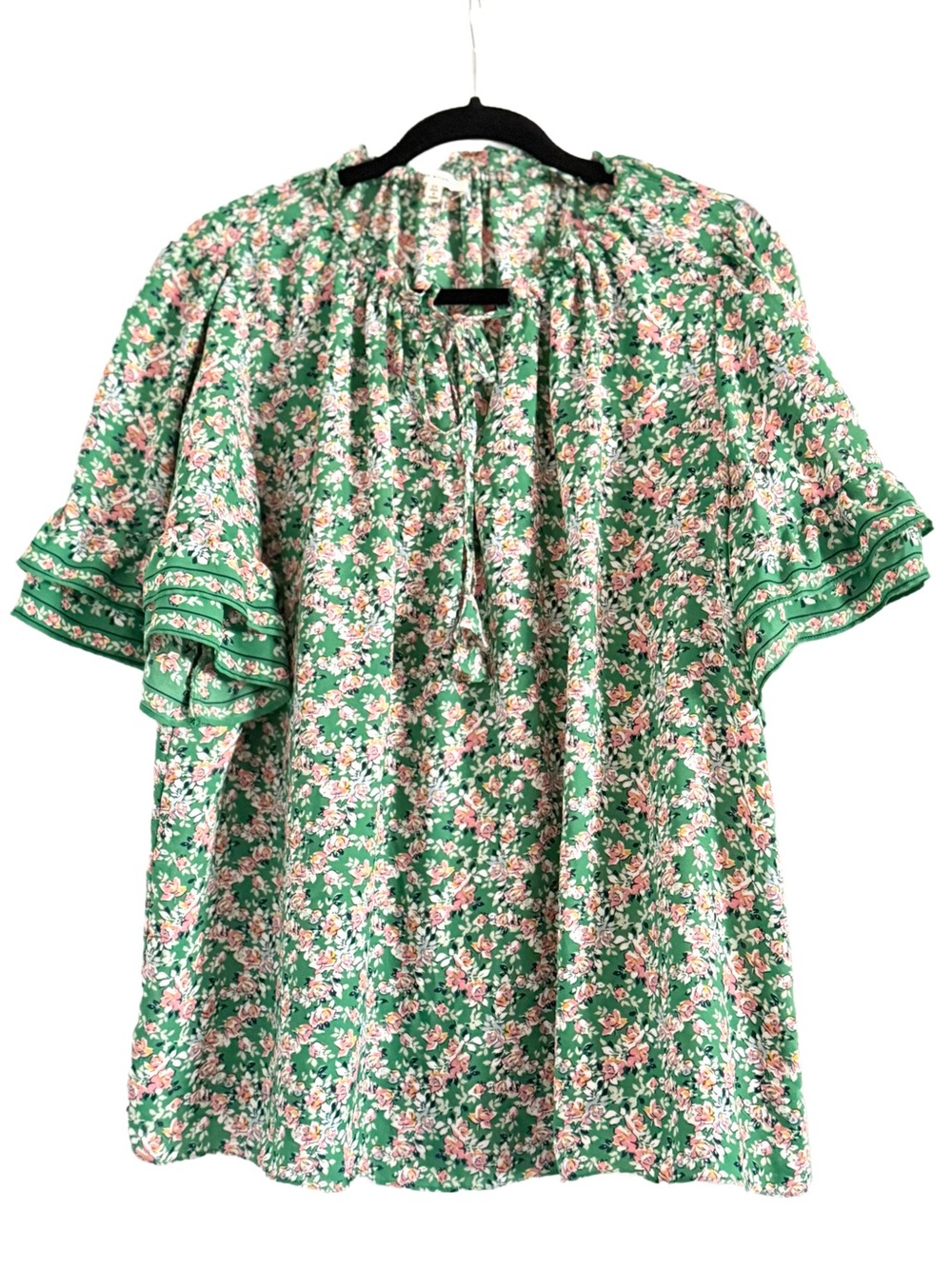 Max Studio Green Floral Tie-Neck Ruffle Sleeve Top 2X